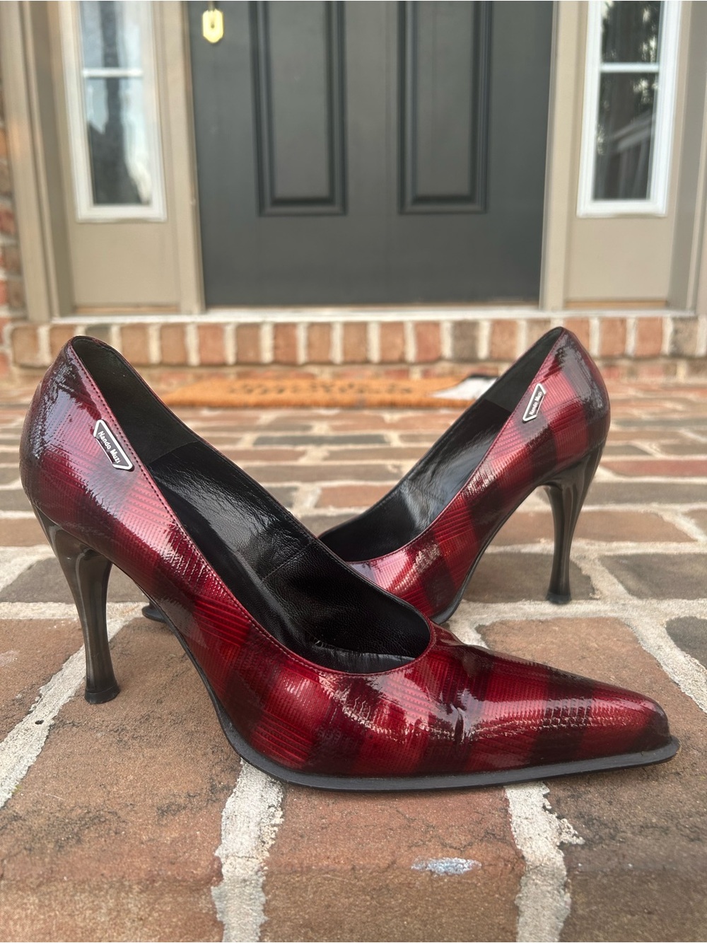 Vintage Y2K Nando Muzi Red Plaid Patent Leather Stiletto Pointy Heels 40 9